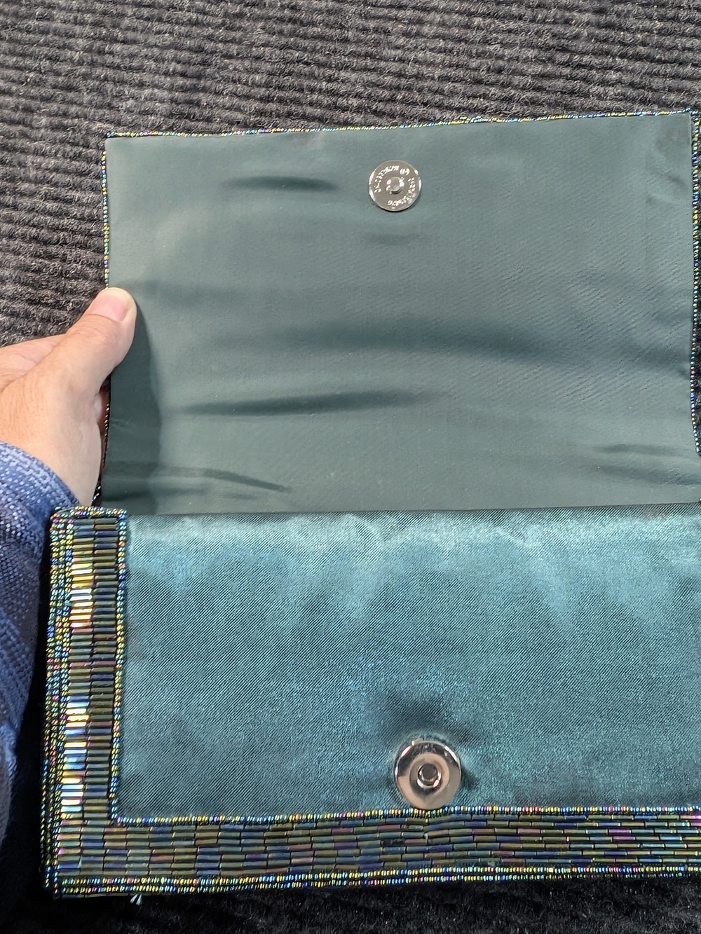 Handmade Iridescent Beaded Crossbody Envelope Clutch Purse Teal/Color Shifting - Picture 7 of 9